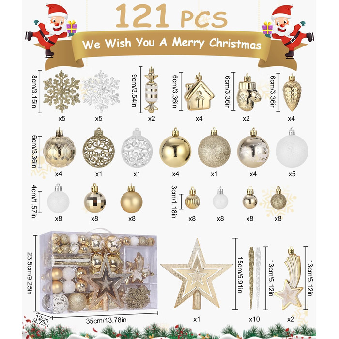121 шт. прикрас для ялинки золотого та білого кольору, набір, пластик, зірка на верхівку, декор для ялинки, Новий рік, свята
