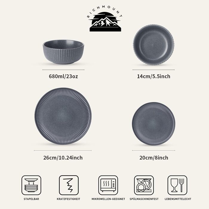 Набір посуду Starlight, 18 предметів: тарілки для 6 осіб, рельєфний, мікрохвильова та посудомийна безпека, анти-подряпини, реактивна глазур, матовий бежево-білий (матовий чорно-сірий)