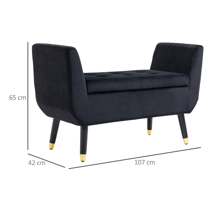 HOMCOM Luxury Bench with Storage & Armrests, Velvet Polyester, Rubber Wood, Black, 107x42x65cm for Living Room & Entryway