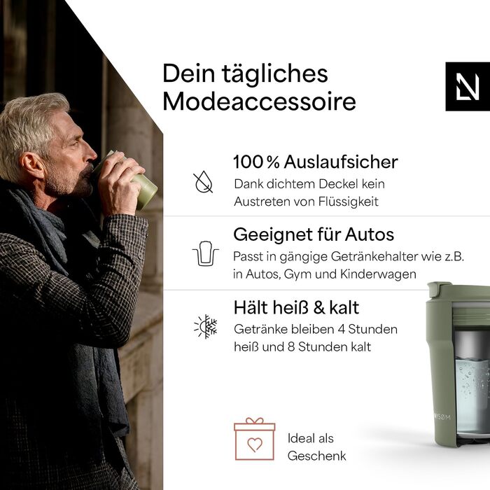 Термокружка для кави та чаю LARS NYSØM 380 мл Sage Green | Термокружка з нержавіючої сталі, ізольована, для подорожей | Непроливається, 0,38 л