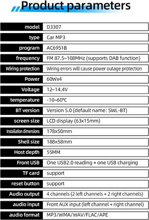 Автомагнітола M.I.C.D3307 з DAB+, Bluetooth, FM-радіо, USB, microSD, AUX, мікрофоном, керуванням з керма, 1 DIN, підтримка MP3/WAV, зарядка смартфона