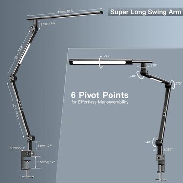 VERSKI LED Desk Lamp with Adjustable Brightness & Color Temperature - 18W Dual Light Source, Clamp-On, Eye Protection, Daylight Lamp for Home Office & Study
