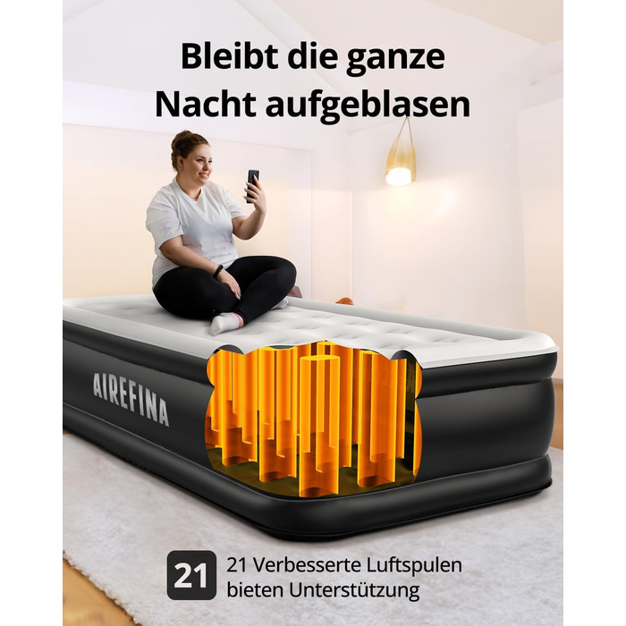 Надувне ліжко Airefina для 1 особи з вбудованим насосом, 99x190x46 см, до 295 кг, з сумкою для перенесення