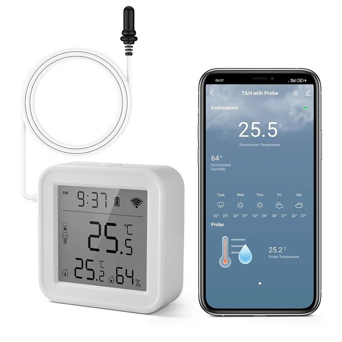 eMylo Thermometer Indoor/Outdoor, Hygrometer Wi-Fi App Alert, Data Export Freezer Aquarium Thermometer Digital for Refrigerator, Aquarium, Baby Room, Aquarium Accessories, White 5.6 * 5.6cm