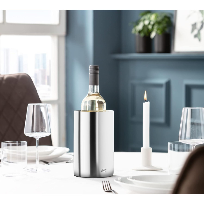 alfi SECCO, stainless steel bottle cooler for 0.70 to 1l bottles, wine, sparkling wine. Keeps drinks cool without condensation or ice cubes, ensuring chilled drinks to the very last drop. Dishwasher-safe, BPA-free (Polished stainless steel, cylindrical)