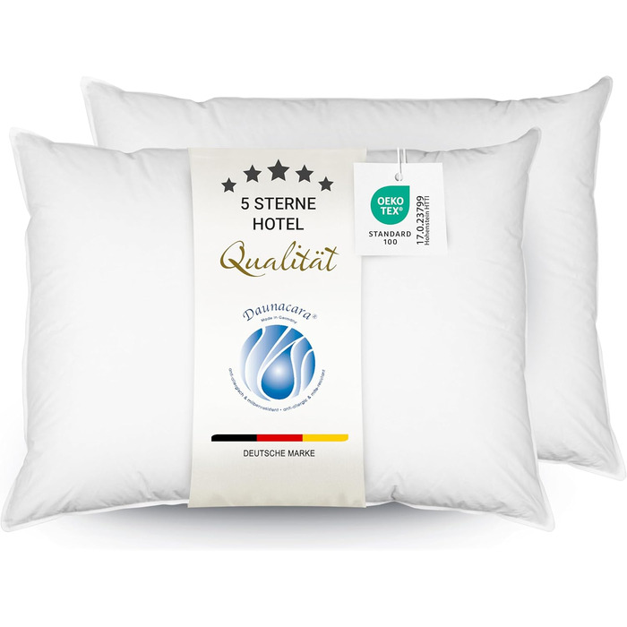 ZOLLNER 2-Pack Deluxe Down Pillow - Made in Germany – Suitable for allergy sufferers – Cover made of high-quality Mako cotton - washable up to 60°C - 60x80 cm - Hotel quality 60 x 80 cm 2-pack