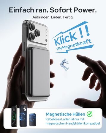 Powerbank MagSafe TRKOY Slim 5000mAh для iPhone: Кабельне та бездротове заряджання, USB-C, Зовнішній акумулятор сірого кольору