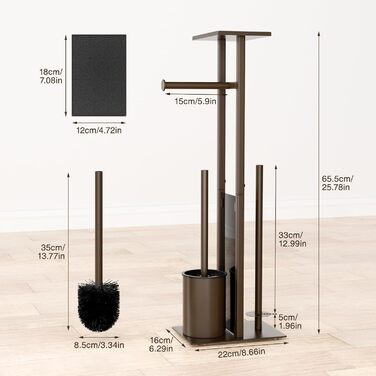 Stainless Steel Toilet Paper Holder with Brush - Freestanding Toilet Paper Roll Holder with Tray & Glass Shelf (Matte Brown)