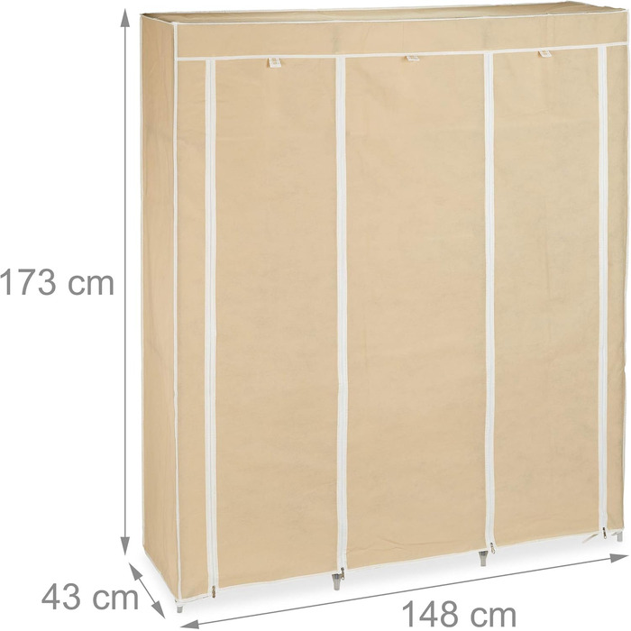 Relaxdays Fabric Clothes Closet, 9 Compartments, 2 Clothes Rails, HBT: 173 x 148 x 43 cm, Camping, Cellar, Folding Closet, Fabric, 10019122-139 (Beige)