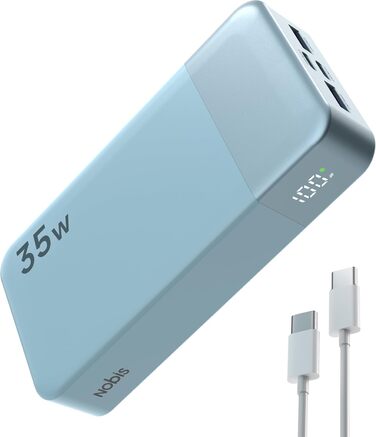 Power Bank Nobis 20000mAh з LED дисплеєм, 35W USB-C, 4 порти, зарядка для MacBook, iPhone 15, Samsung S23 (зелений/синій)