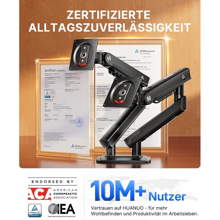 Кронштейн для двох моніторів HUANUO FlowLift Pro MechaSpring, 13–32 дюйми, до 9 кг, VESA 75/100 мм, регулювання нахилу, повороту та обертання, для геймінгу та офісу