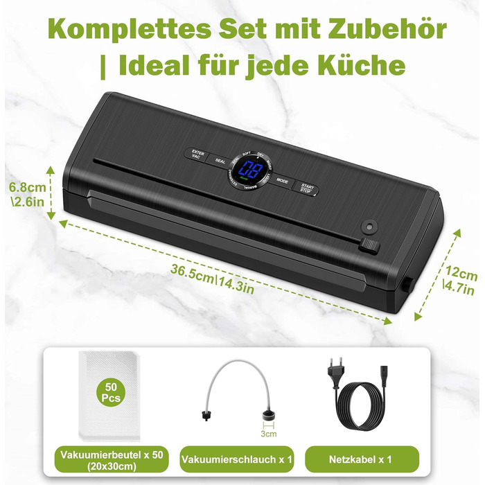 Вакуумний пакувальник KLGFI 7-в-1: професійний апарат для пакування продуктів з подвійною зварювальною швом, з нарізкою та цифровим лічильником. У комплекті 50 вакуумних пакетів. Чорний колір.