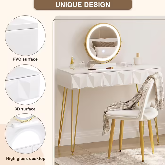 EUGAD Vanity Table with Stool and Mirror, 360° Swivel Makeup Mirror, Dressing Table Cosmetic Table with 2 Drawers, Upholstered Velvet Stool, 3D Effect Drawer, White and Gold (100x40cm, with LED Lighting)