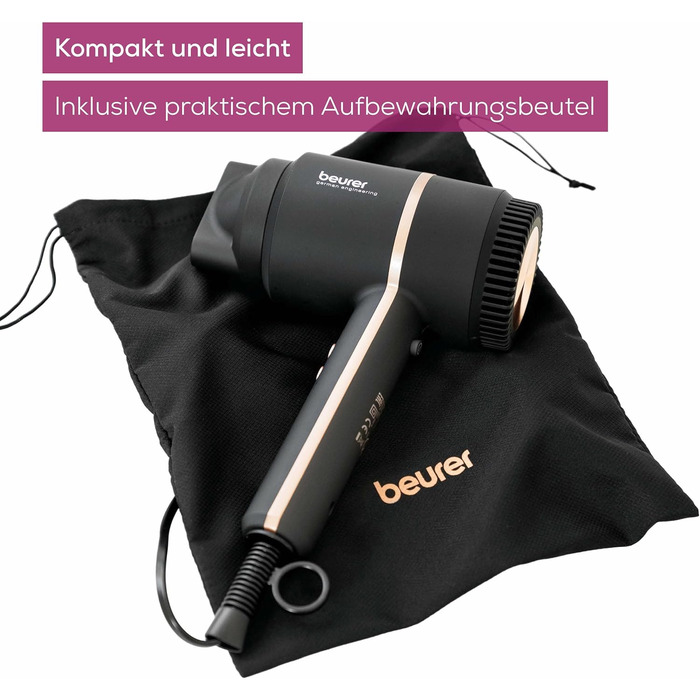 Фен Beurer HC 35 з іонізацією, чорний: потужний, з насадкою, LED-дисплей, для блискучого волосся