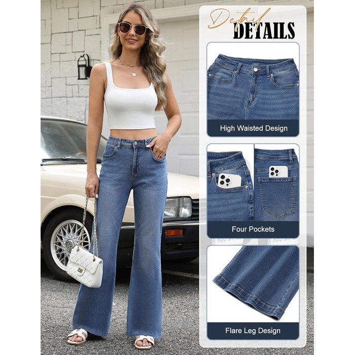 Джинси жіночі Schlaghose (кльош) з високою талією, еластичні, Bootcut, темно-сині, з кишенями, L