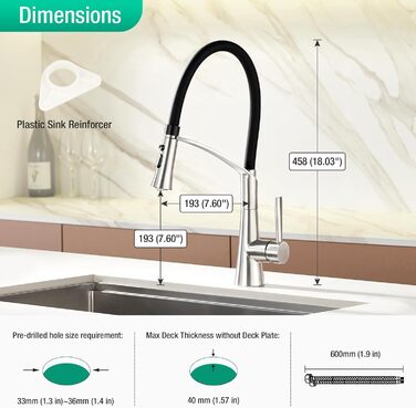 Кран кухонний CREA з 3 функціями: душ, висувна лійка, поворотний вилив, чорний, нержавіюча сталь