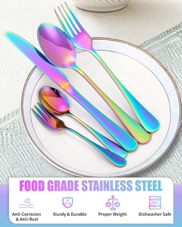 12-Person Flatware Set, 60-Piece Fantasy Color Flatware, High-Gloss Polished and Dishwasher Safe, Elegant Fantasy Color Matte Flatware, with Knife, Fork, and Spoon, for Home, Party, Restaurant