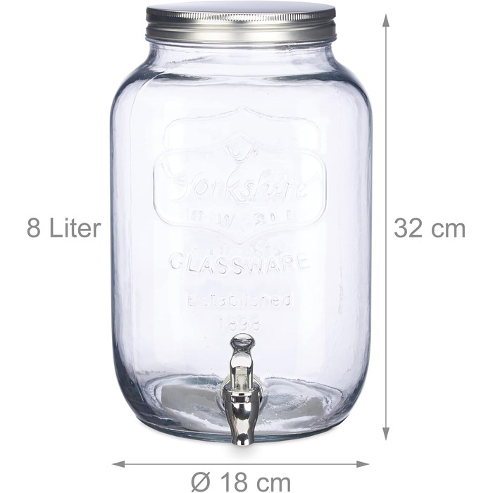 Relaxdays 2 x Drink Dispenser 8 l, Glass, Tap, Retro Juice Dispenser Gastro, Vintage Lemonade Dispenser Garden Party, Clear