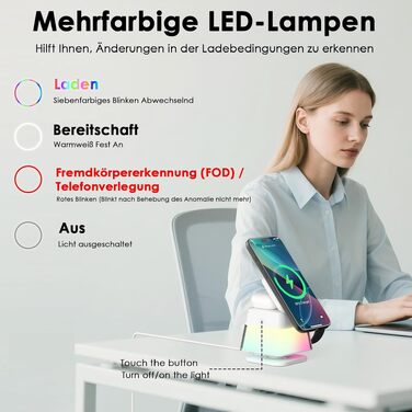 Бездротова зарядна станція 3-в-1 Minthouz Leap Cube 15, швидка зарядка 15W Qi, підставка з багатокольоровою підсвіткою для iPhone 16, 15, 14, 13