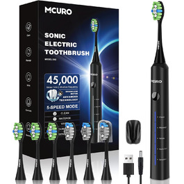 Електрична зубна щітка Sonic, 45000 VPM, відбілювання за тиждень, 120 днів роботи акумулятора, індикатор заряду, 6 насадок DuPont, 5 режимів, таймер, чорна