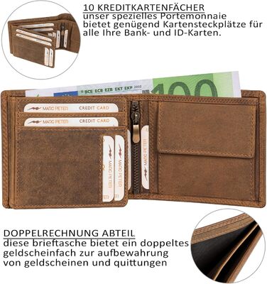 Marc Peter® Genuine Leather Wallet Hanover | Wallet for Men with RFID Protection | Large 10 Compartments Card Holder | Vintage Brown Portemonnaie