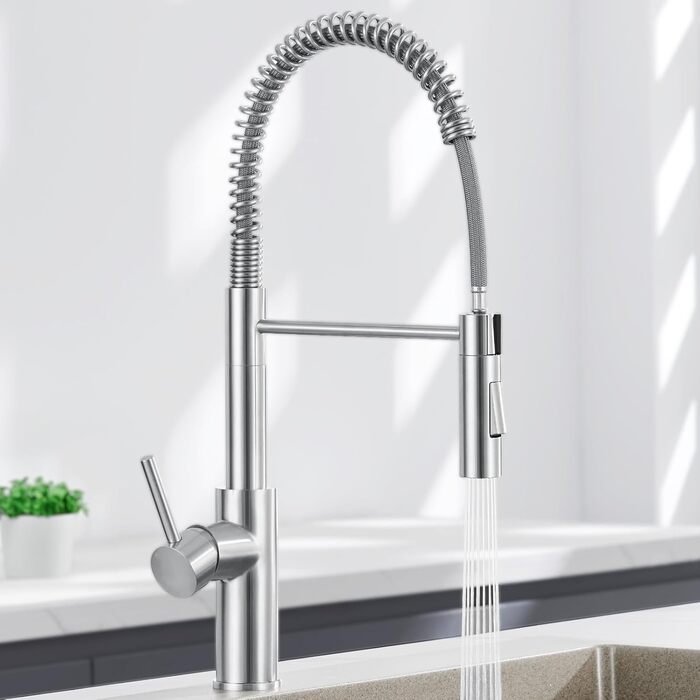 Змішувач кухонний CECIPA з витяжною насадкою, висувний, з двома режимами струменя, поворотний на 360°, одноlever, нержавіюча сталь, срібло