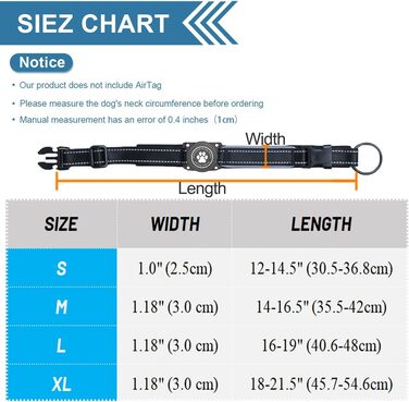 Світловідбиваючий нашийник для собак AirTag, водонепроникний, середній розмір (30.5-38 см), чорний