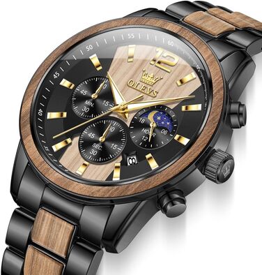 Годинник чоловічий OLEVS 3645-schwarz+gelb: аналоговий кварц, дерев'яний ремінець, хронограф, водостійкий, з підсвічуванням