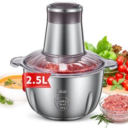 Електричний подрібнювач FOHERE для кухні, 350W, з чашею 2.5л з нержавіючої сталі та 2 швидкостями, 4 леза з нержавіючої сталі для м'яса, цибулі та овочів