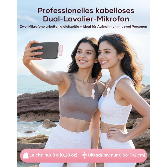 Беспроводной петличный микрофон 2шт, для iPhone, iPad, Android, с шумоподавлением, Plug & Play, для видео, подкастов, YouTube, TikTok (Рожевий)