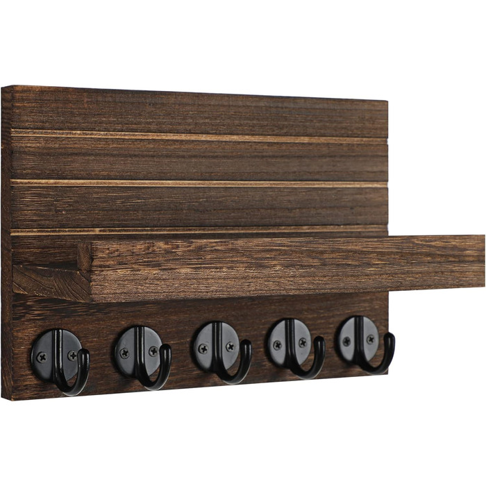 Key holder for wall, decorative key and mail holder with shelf has large key hooks for bags, coats – Paulownia wood key hanger with mounting material (24 cm W x 17 cm)