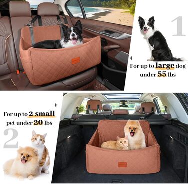 Wooaidagg Large Dog Car Seat - Memory Foam Bed for Medium & Large Dogs, Washable & Detachable, Includes 2 Leashes (Brown)