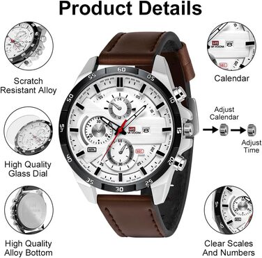 Годинник чоловічий OFF-CUP з датою, кварцовий хронограф, коричневий ремінець з натуральної шкіри. Елегантний аксесуар для чоловіків, casual та business стилю. Прекрасний подарунок.