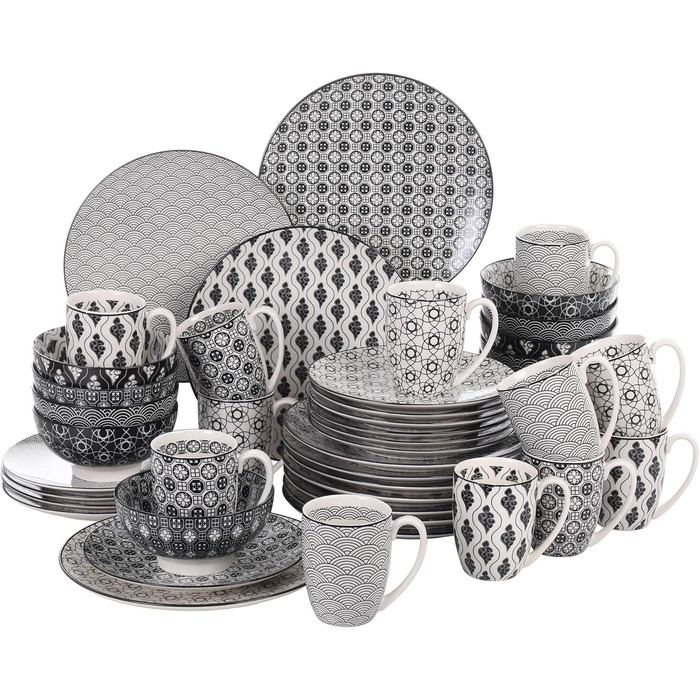 Набір посуду Vancasso Haruka 48 предметів: тарілки, миски, чашки (чорний + кремовий)