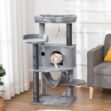 Кігтеточка PawHut для котів з тунелем, гамаком та платформами, 48x48x107 см, сіра