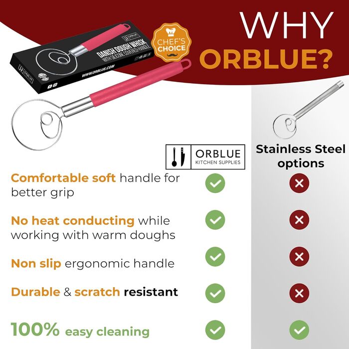 ORBLUE Тістоміс датського типу з силіконовою ручкою, вінчик для збивання з нержавіючої сталі, червоний, чорний