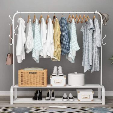 Clothes Rack Coat Rack Freestanding Clothes Rack Garment Rack Multifunctional with Top Bar, Bottom Shelf and 6 Hooks (White)