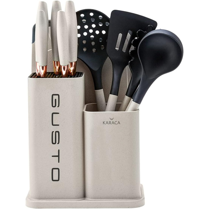 Набір ножів Karaca Gusto 12 предметів з дощечкою та кухонними аксесуарами, з нержавіючої сталі, ергономічні ручки, чорний (кремовий)
