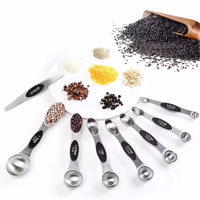 Stainless Steel Double-Head Measuring Spoon 8-Piece Set - Spice Scale Measuring Spoons, Magnetic Measuring Cups, Scraper, Baking Tool for Baking, Cooking, Kitchen (Color: Black, Size: One size)