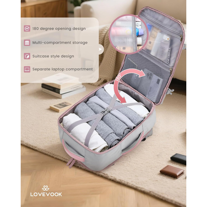 LOVEVOOK Рюкзак для ручної поклажі 40L, сіро-рожевий, для ноутбука 17.3