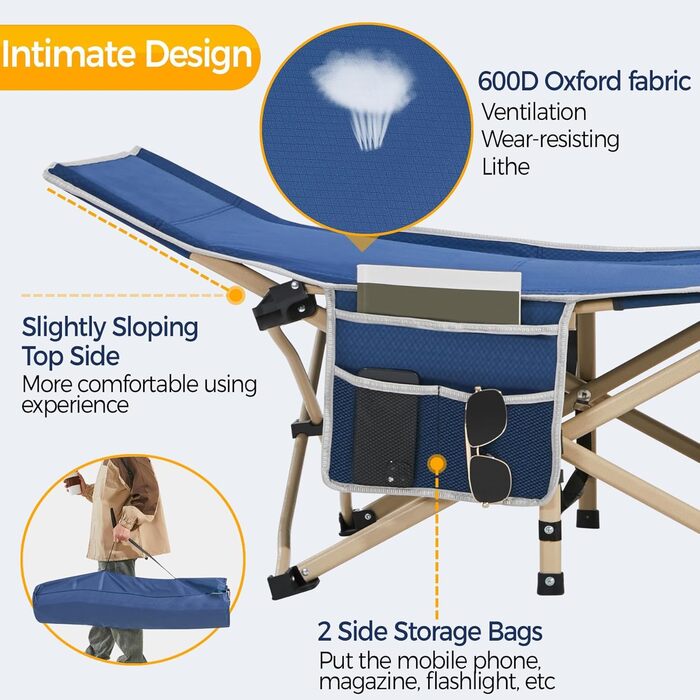 Ліжко гостьове Yaheetech складане для кемпінгу, блакитне, до 150 кг, з бічною кишенею та сумкою для транспортування