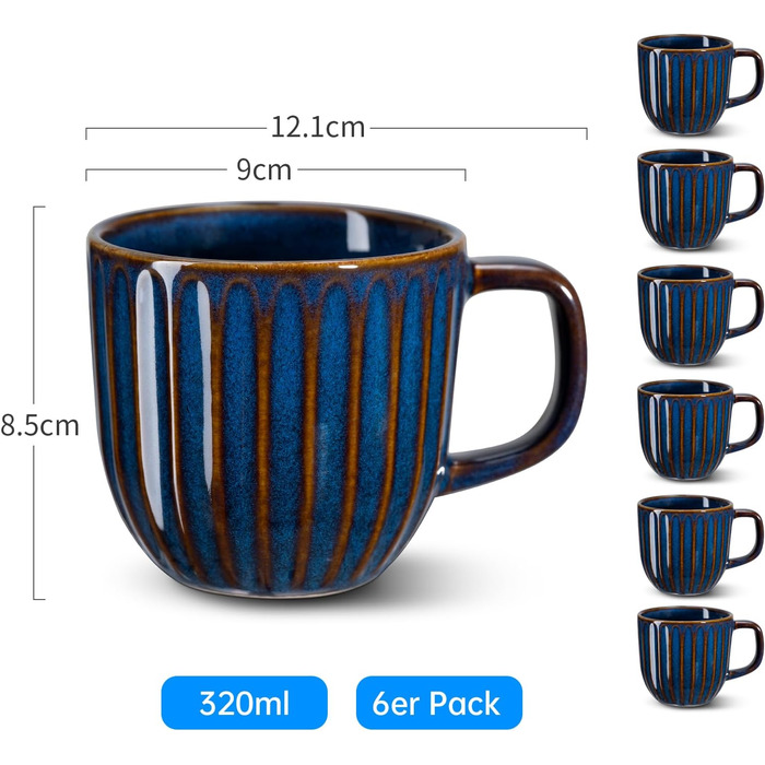Набір кавових чашок 6 шт., 320 мл, порцеляна, з ручкою, блакитні - для еспресо, капучино