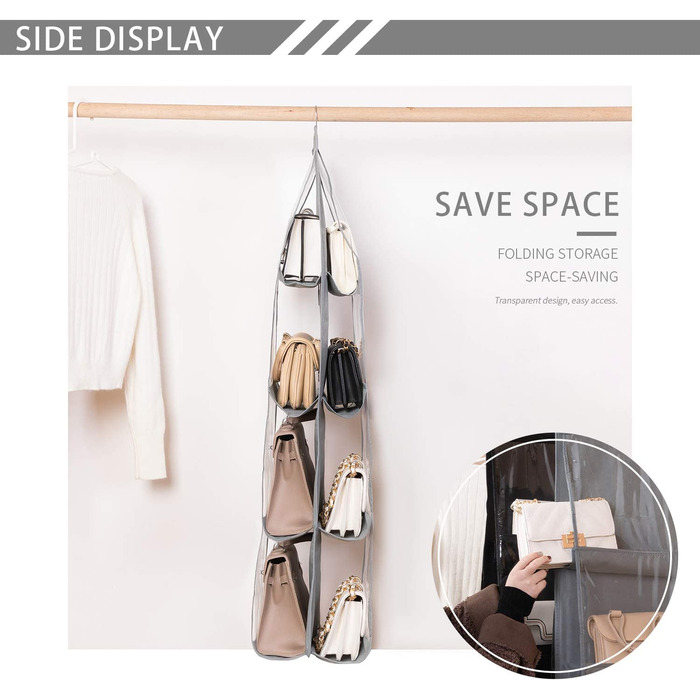 zebricolo 2 Pieces, storage handbags, large, bag storage, space-saving, handbag organizer, grey, handbag storage 2 PCS Storage Handbags-8 Pockets-grey