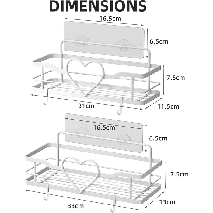 Двосекційна поличка для душу без свердління з 4 гачками, органайзер для шампуню та мила, поличка для ванної кімнати (11.5 см, білий)