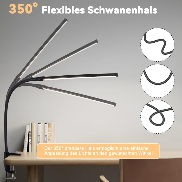 LED лампа для столу Homefire: регульована, чорна, з 3 кольорами та 5 рівнями яскравості, USB, для офісу та навчання