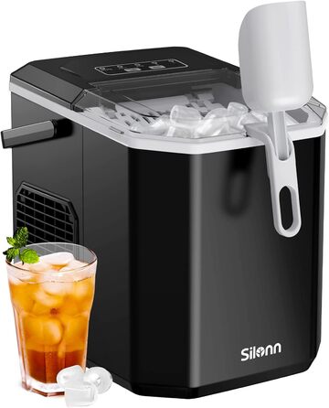 Машина для приготування льоду Silonn з кошиком – портативна та самоочисна, Mini Ice Maker, 9 кубиків/6 хв, 12 кг/день, зручне виймання та використання (Чорний, 1.2 л)