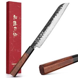 Ніж кухарський Santoku HEZHEN 18,5 см, сталь дамаська, японський стиль Gyuto, дерев'яна рукоятка