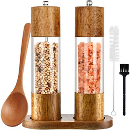 Salt and Pepper Grinder Set of 2 with Coasters, Manual Pepper Grinder, Wooden Salt Grinder, Adjustable Ceramic Grinder for Spices, Pepper, Salt, Height: 21.5 cm