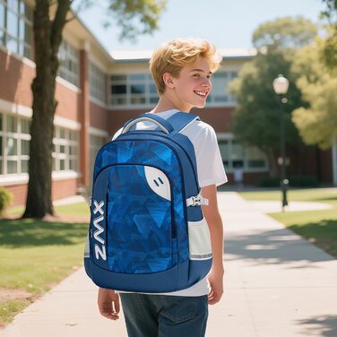 Шкільний рюкзак для підлітків 46L, рюкзак для школи, гімназії, старшої школи з нагрудною стрічкою, світловідбиваючими елементами, відділенням для 17.3' ноутбука, міцний, повсякденний (Блакитний)