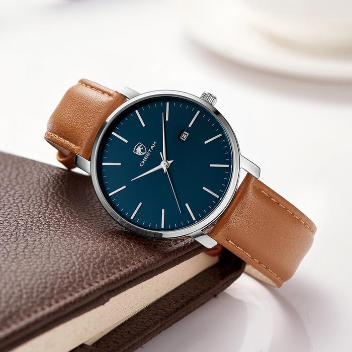 Чоловічий годинник CHEETAH: аналоговий кварцовий годинник з датою, водостійкий (3 ATM), з шкіряним ремінцем, спортивний стиль, для молоді (сріблясто-блакитний, коричневий)